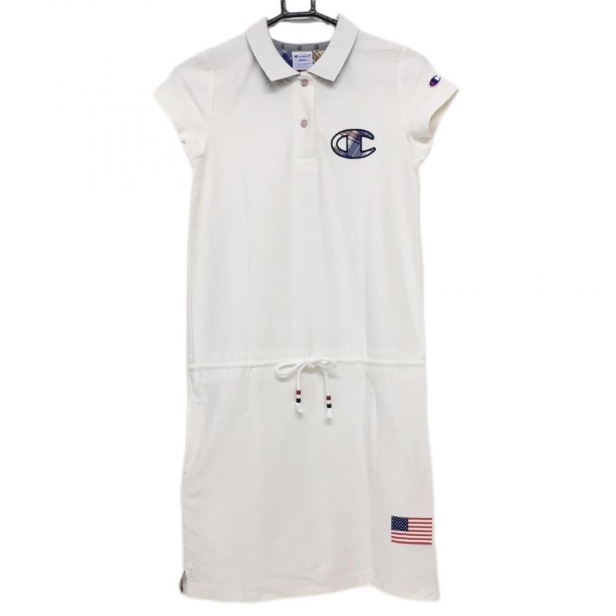 Champion（チャンピオン） 半袖ポロワンピース 白×ネイビー ウエスト紐