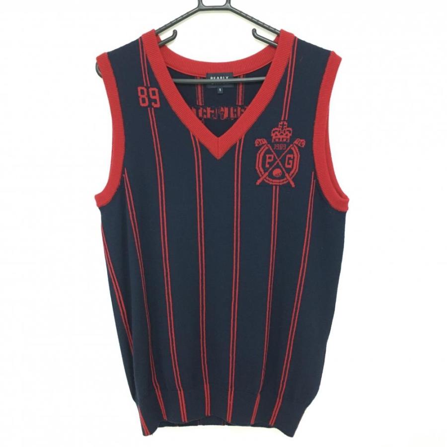 サイズ：5 PEARLY GATES パーリーゲイツ  ニットベスト ストライプ柄 レッド系 [240101420499] ゴルフウェア メンズ ストスト PEARLY GATES パーリーゲイツ ニットベスト ネイビー×レッド