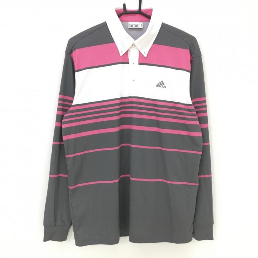 アディダス 長袖ポロシャツ グレー×ピンク ランダムボーダー ボタン  