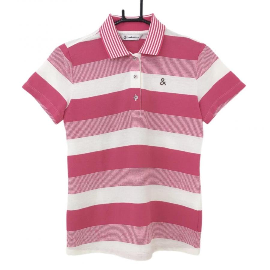 and per se アンパスィ　ポロシャツ　ワンピース　ロゴ　ゴルフ　ボーダー and per se（アンパスィ） 半袖ポロシャツ ピンク×白 ボーダー 織生地