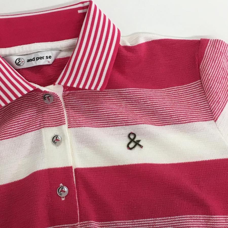and per se アンパスィ　ポロシャツ　ワンピース　ロゴ　ゴルフ　ボーダー and per se（アンパスィ） 半袖ポロシャツ ピンク×白 ボーダー 織生地