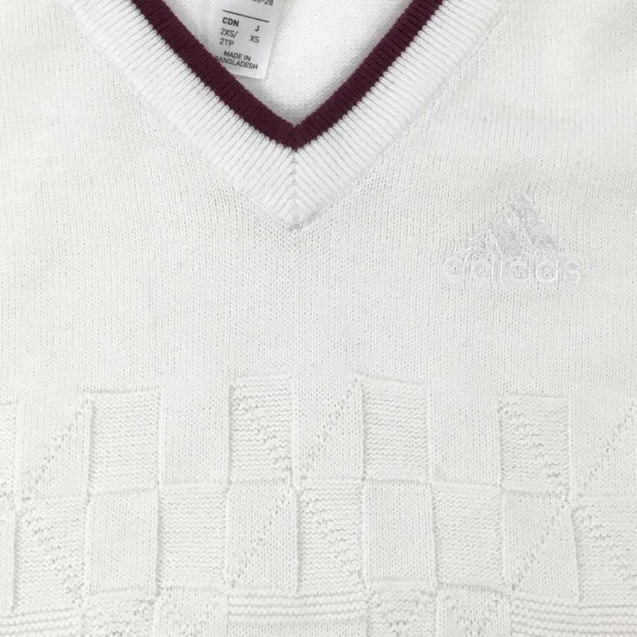 adidas（アディダス） ニットベスト 白×ピンクパープル 前凹凸編み 