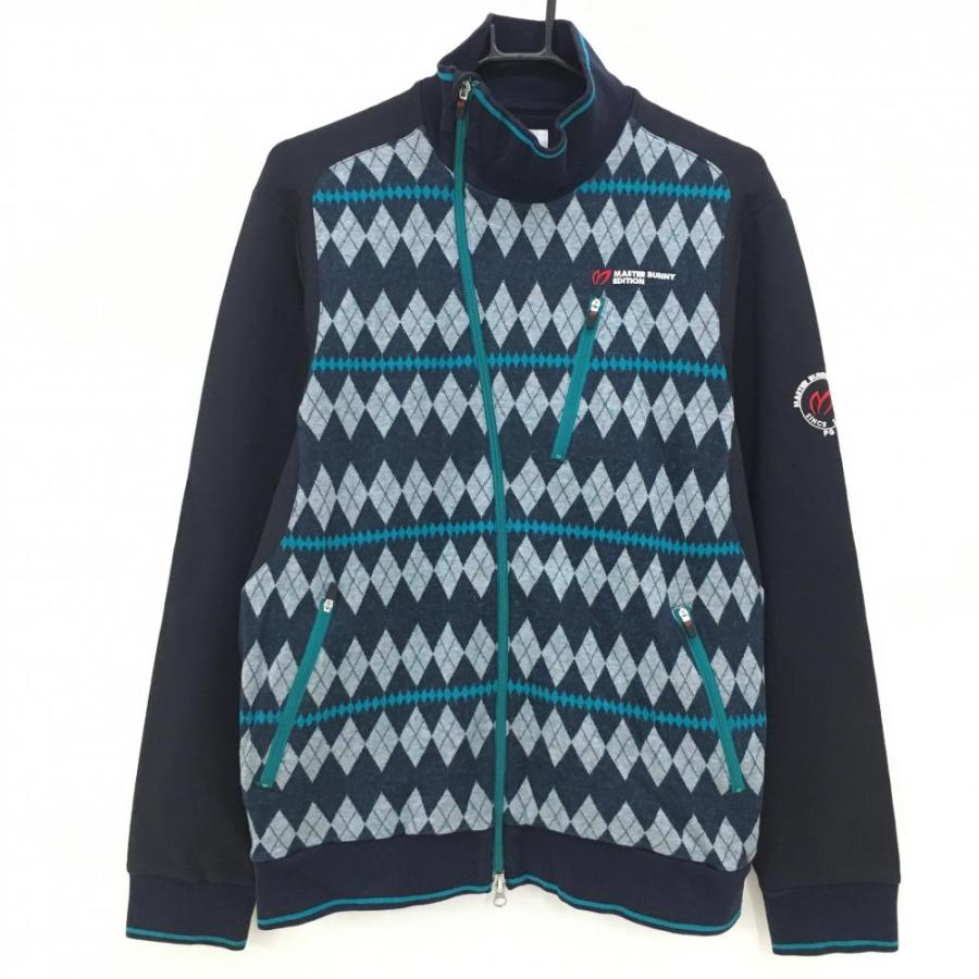 マスターバニー 異素材ニットブルゾン ネイビー×グレー アーガイル柄  