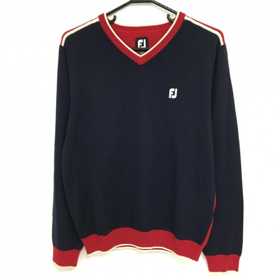 lqv..nnページ フットジョイ セーター ネイビー×レッド ロゴ刺しゅう Vネック ウール