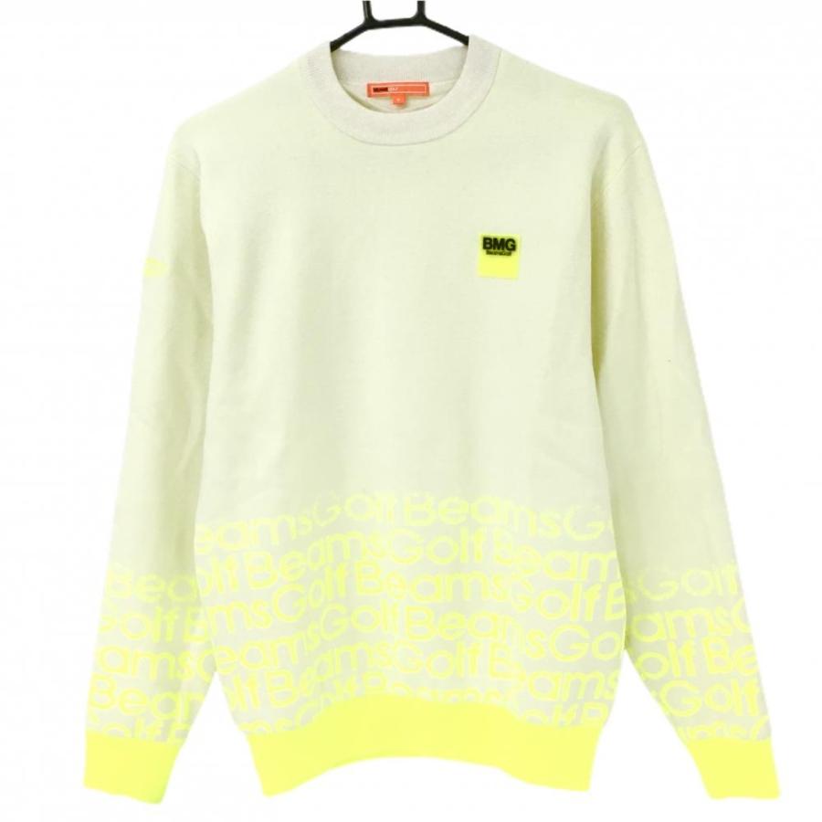 BEAMS ビームスゴルフ セーター 白×蛍光イエロー 裾ロゴ総柄 BEAMS ビームスゴルフ セーター 白×蛍光イエロー 裾ロゴ総柄