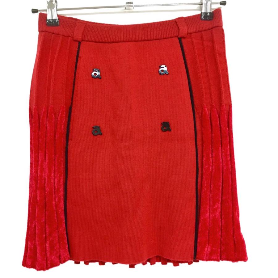 アルチビオ ニットプリーツスカート レッド×黒 裾ベロア調 ウール混