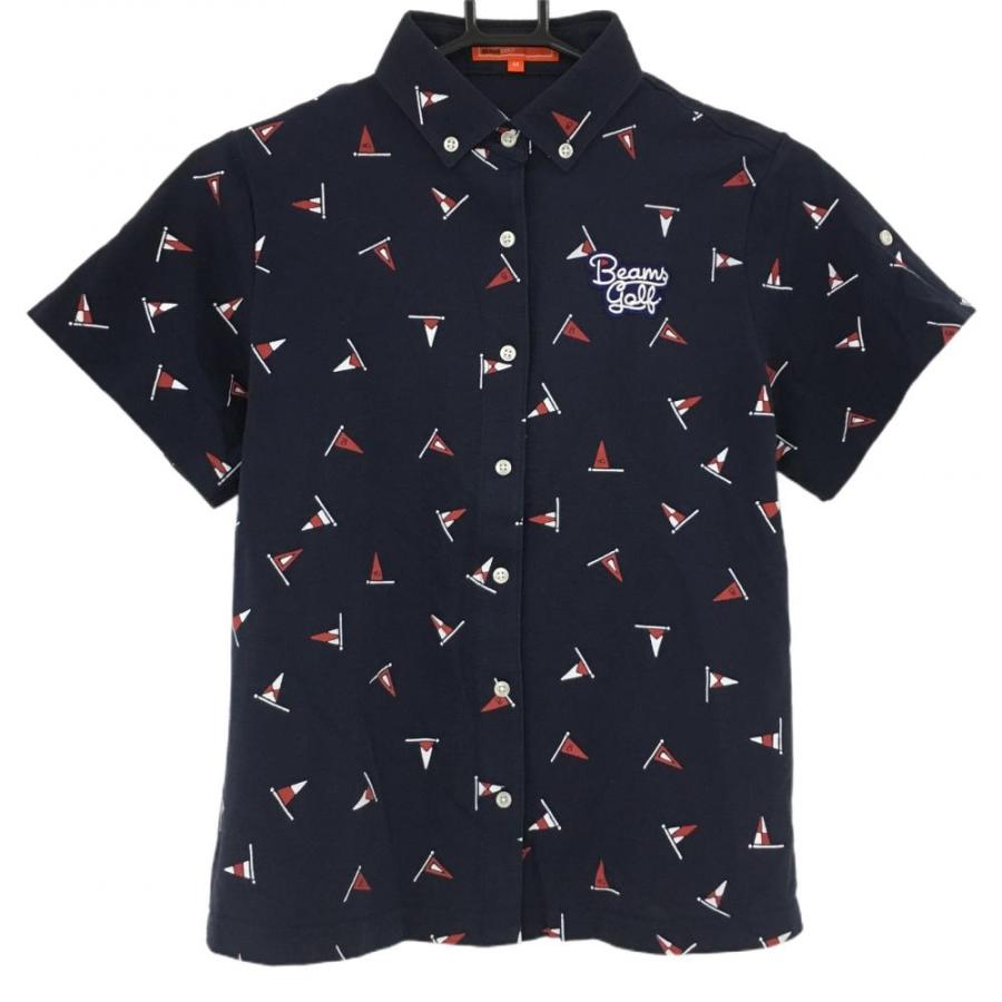 BEAMS ビームスゴルフ 半袖シャツ ネイビー×レッド フラッグ柄