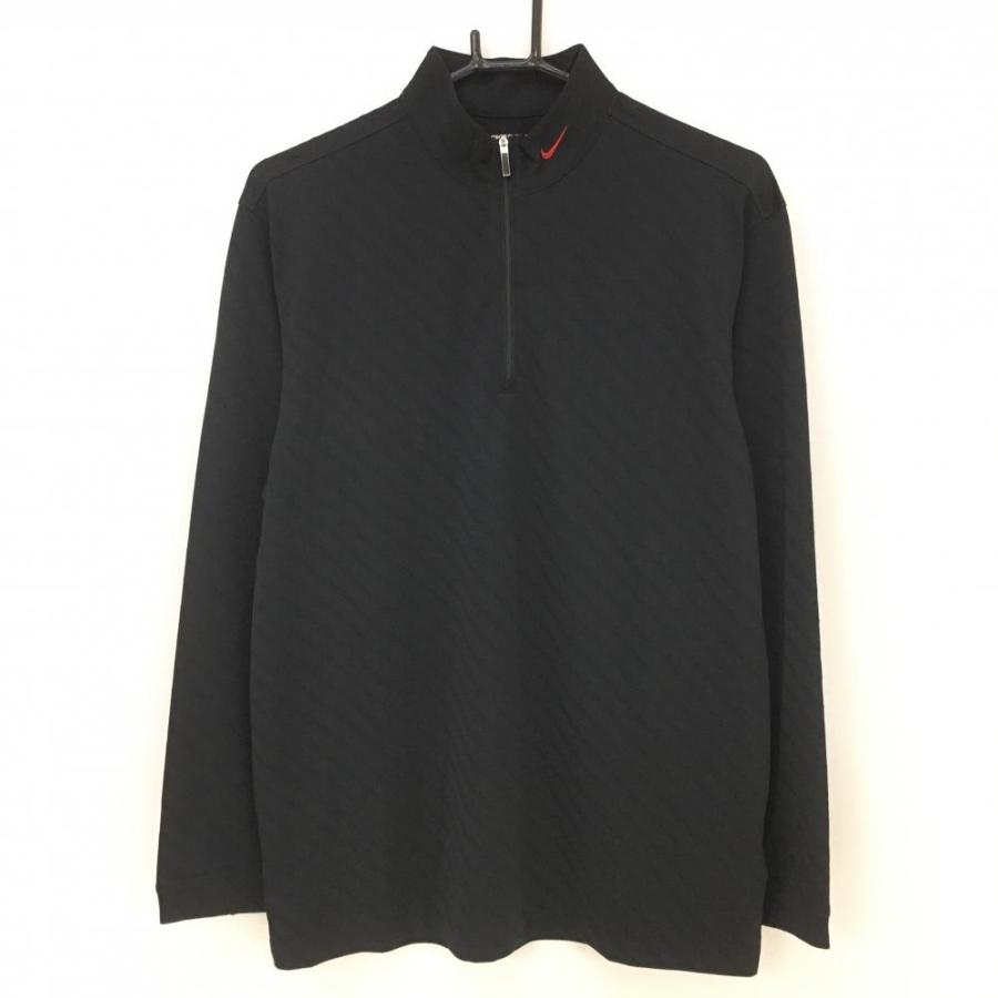 超美品】ナイキ 長袖ハイネックシャツ 黒 斜めストライプ織生地 ハーフ