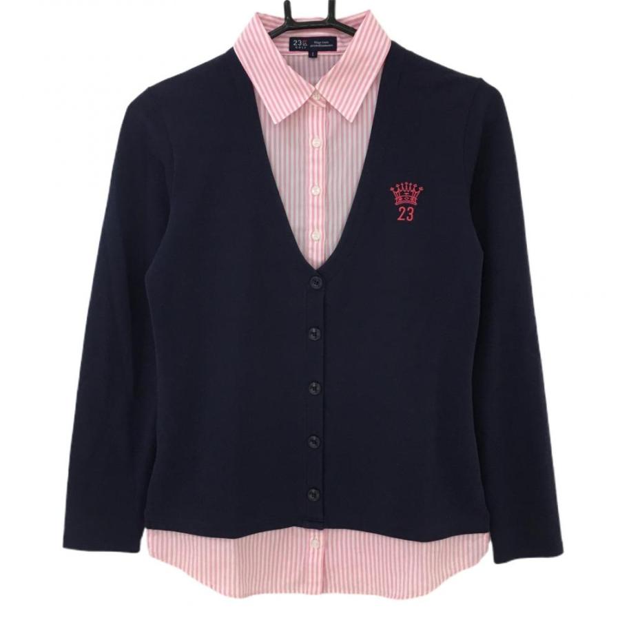 23区GOLF 23区ゴルフ 長袖ポロシャツ ピンク×ネイビー 重ね着風