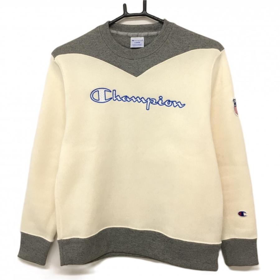 美品】チャンピオン セーター アイボリー×グレー ロゴ刺しゅう 裏起毛 