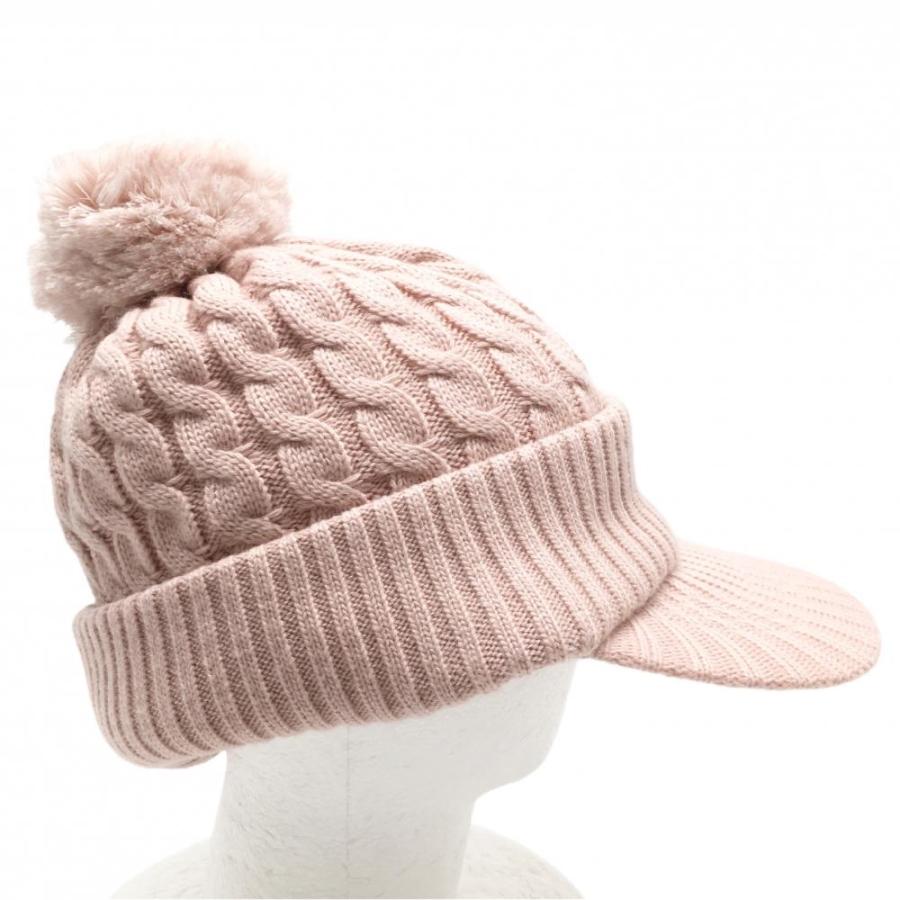 美品】ジュンアンドロペ つば付ニット帽 スモーキーピンク ケーブル