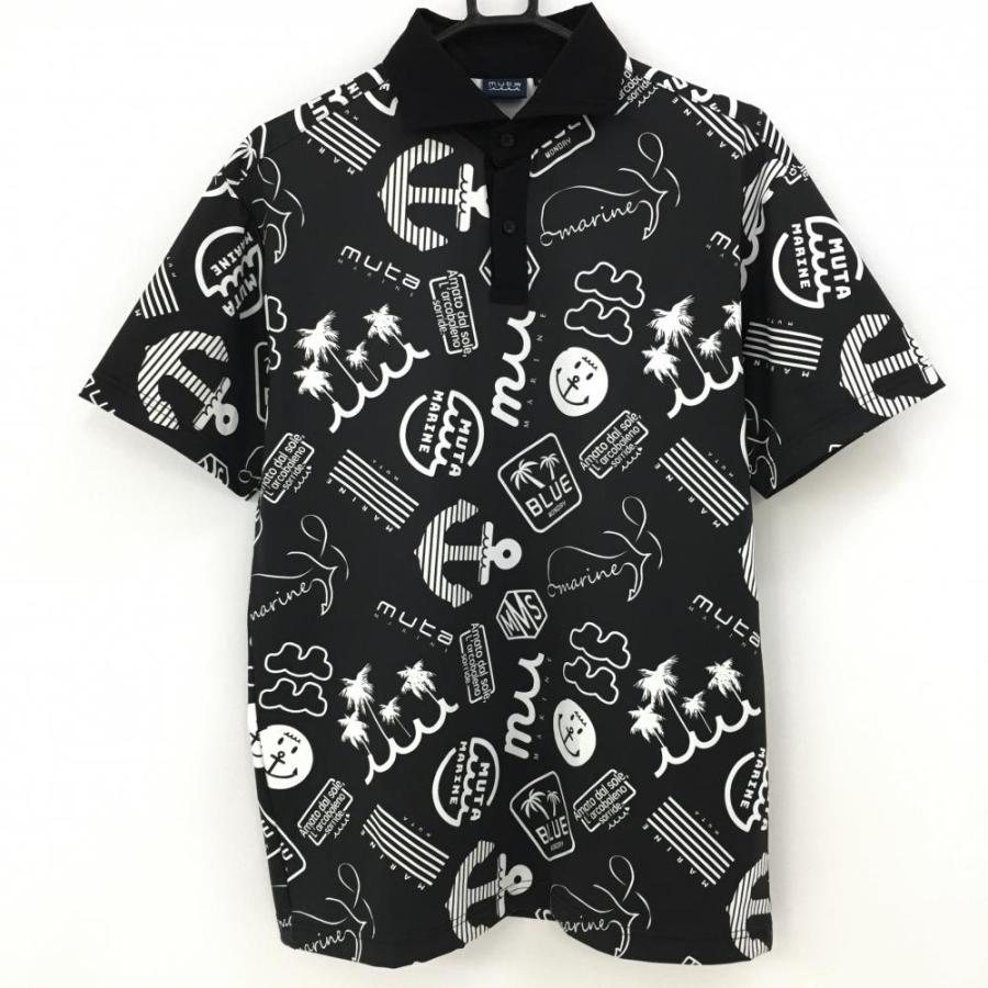 美品】ムータマリン 半袖ポロシャツ 黒×白 総柄 イカリ メンズ 6(L  