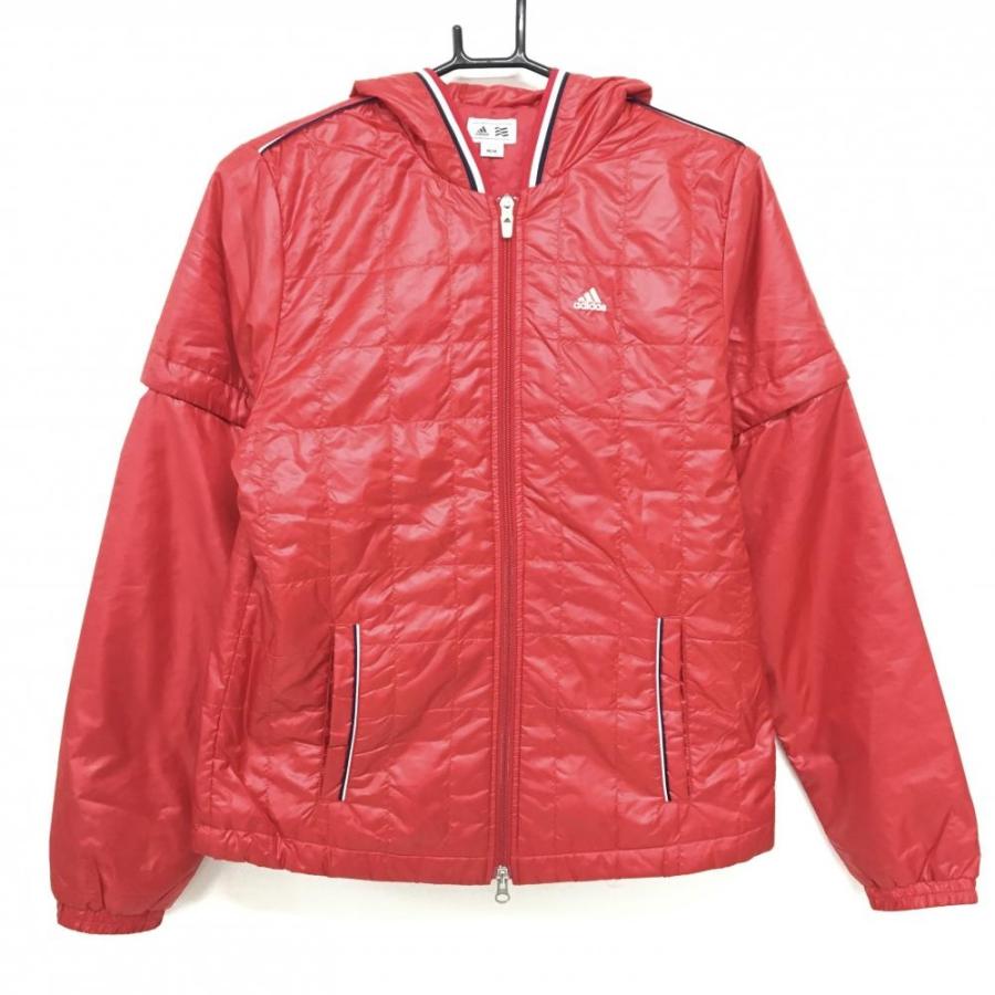 アディダス フード付き2WAY中綿ジャケット レッド 袖着脱可 ロゴ