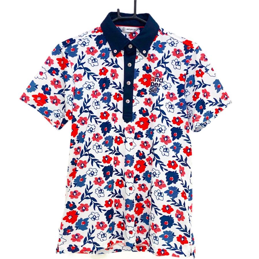 アンパスィ】and per se ゴルフ 半袖 ポロシャツ &ロゴ M 白×紺