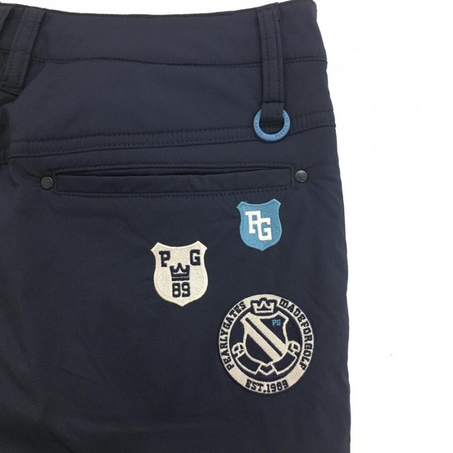 【パーリーゲイツ】美品 中綿パンツ ネイビー ワッペン 1サイズ レディース パーリーゲイツ 中綿パンツ ネイビー 複数ワッペン 織生地 レディース