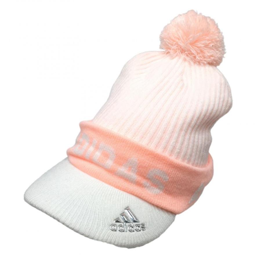 adidas アディダス つば付ニット帽 白×ライトオレンジ アクリル混 
