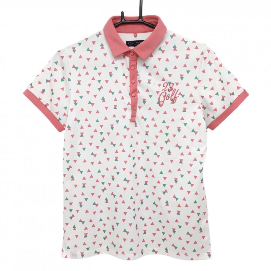 ★２３区ゴルフ花柄　ポロシャツレディースＬ新品★ 23区GOLF 23区ゴルフ 半袖ポロシャツ 白×ピンクレッド 三角形総柄 胸