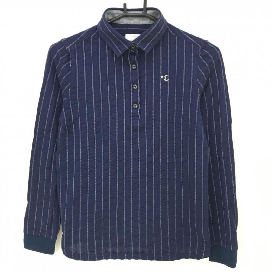 長袖ポロシャツ 白/ネイビー ストライプ