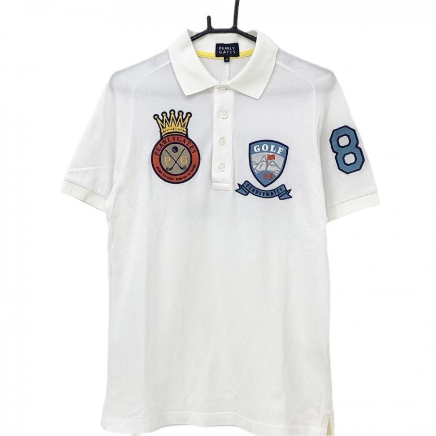 ゴルフ　PEARLY GATES パリーゲーツポロシャツ 白 ロゴプリント PEARLY GATES パーリーゲイツ 半袖ポロシャツ 白×ライトブルー