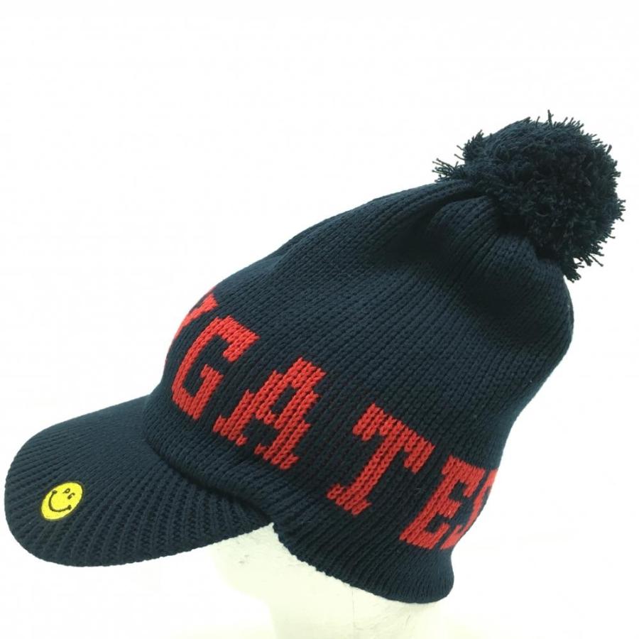 超美品】パーリーゲイツ つば付きニット帽 ネイビー×レッド ニコ 超美品】パーリーゲイツ つば付きニット帽 ネイビー×レッド ニコ