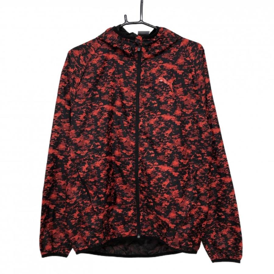 PUMA（プーマ） フード付きジャケット レッド×黒 総柄 ロゴプリント 