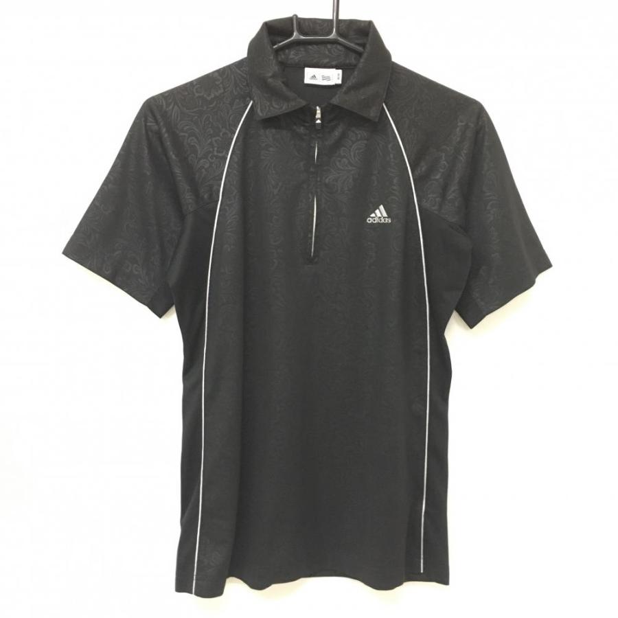アディダス 半袖ポロシャツ 黒×ダークグレー ハーフジップ 織生地 花柄