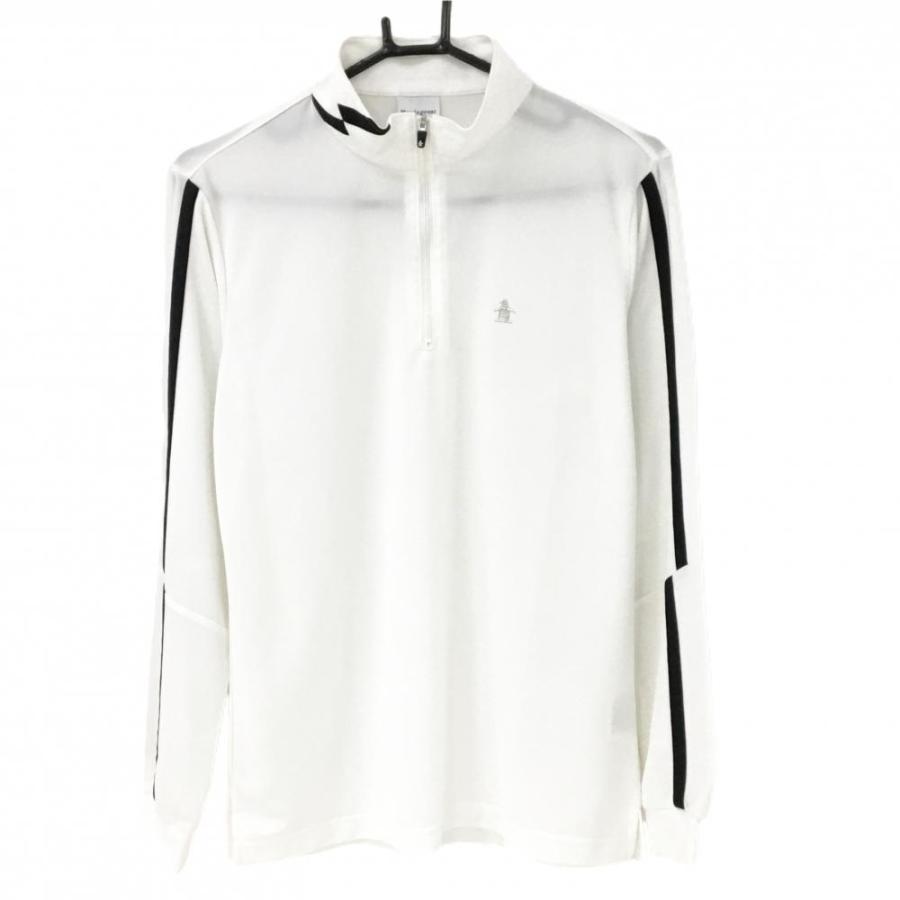 マンシングウェア 長袖ハイネックシャツ 白×黒 袖ライン ハーフジップ