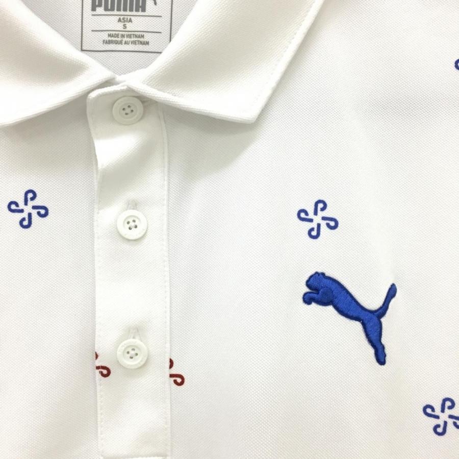 PUMA プーマ 半袖ポロシャツ 白×ブルー 総柄 胸ロゴ刺しゅう PUMA プーマ 半袖ポロシャツ 白×ブルー 総柄 胸ロゴ刺しゅう