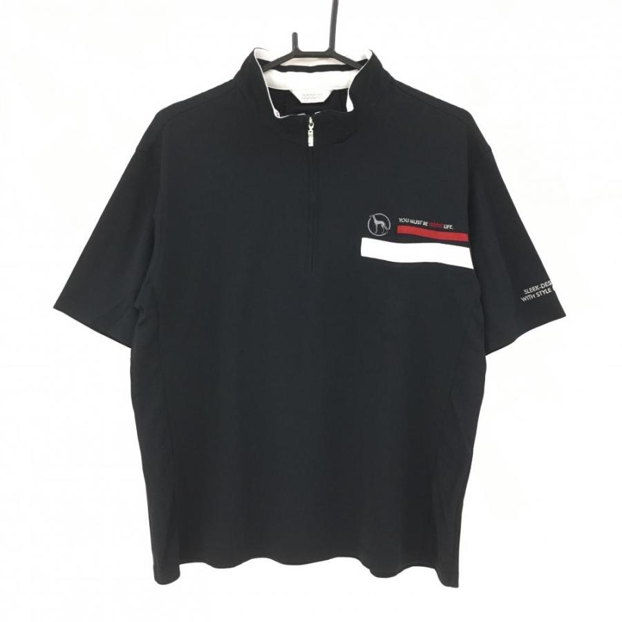 【日本製】adabat アダバット　ゴルフ 半袖 ハーフジップ シャツ M 美品 アダバット 半袖ハイネックシャツ 黒×白 ハーフジップ メンズ 50(XL