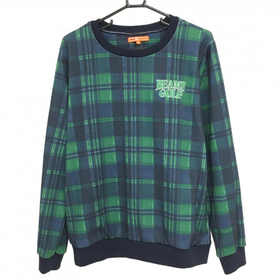 超美品】ビームスゴルフ トレーナー ネイビー×グリーン チェック ロゴ 