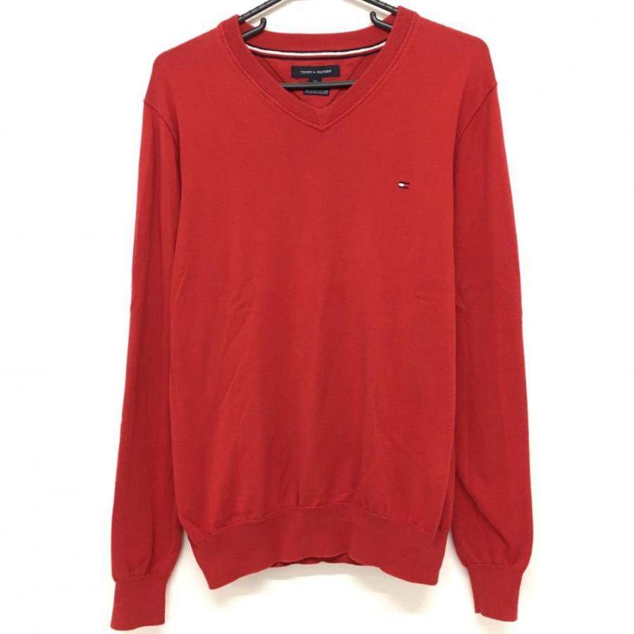 トミーヒルフィガー セーター レッド シンプル Vネック ロゴ刺しゅう
