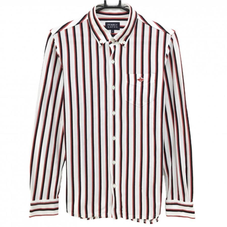 【美品】パーリーゲイツ　ゴルフウェア　長袖　シャツ　ストライプ柄　メンズ　4 M 超美品】パーリーゲイツ 長袖シャツ 白×レッド ストライプ