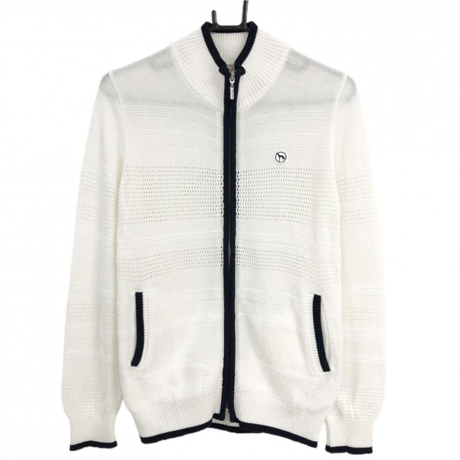 アダバット ニットブルゾン 白×ネイビー 透かし編み レディース 38(M 