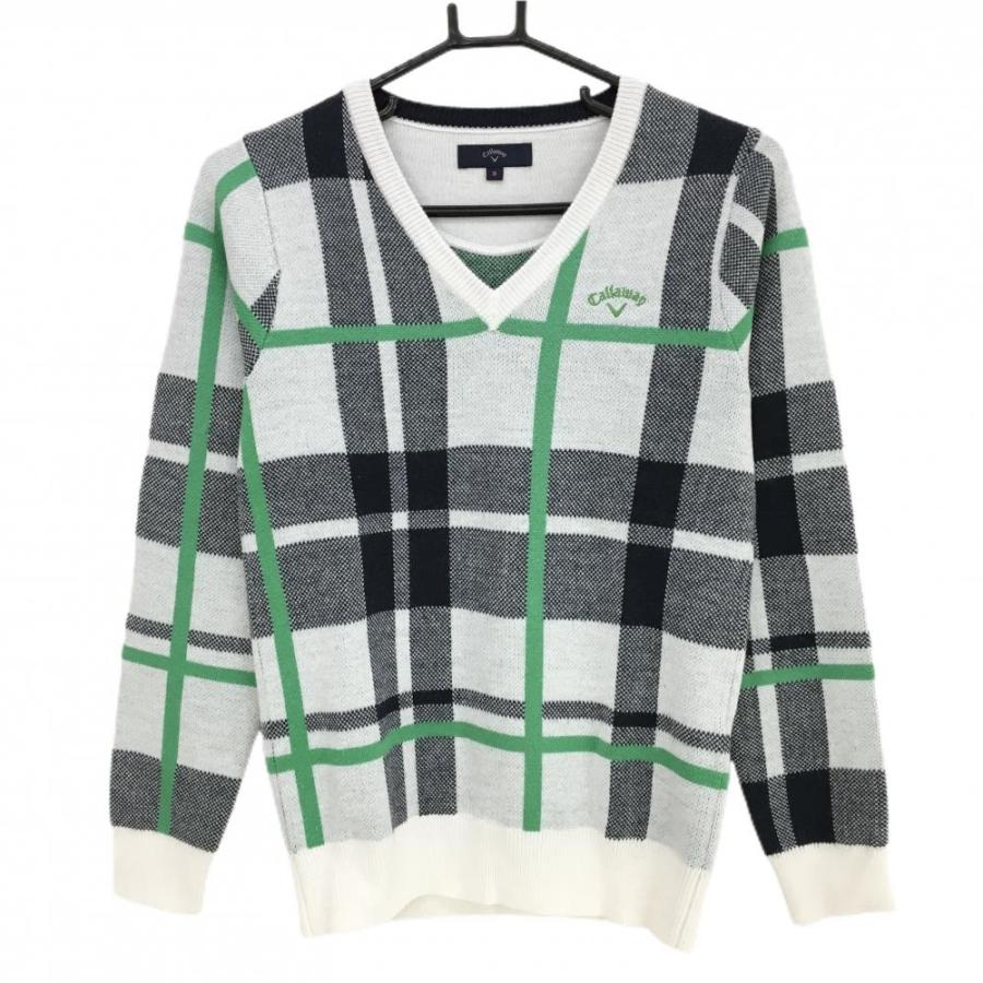 キャロウェイ セーター 白×ネイビー チェック ロゴ刺しゅう Vネック