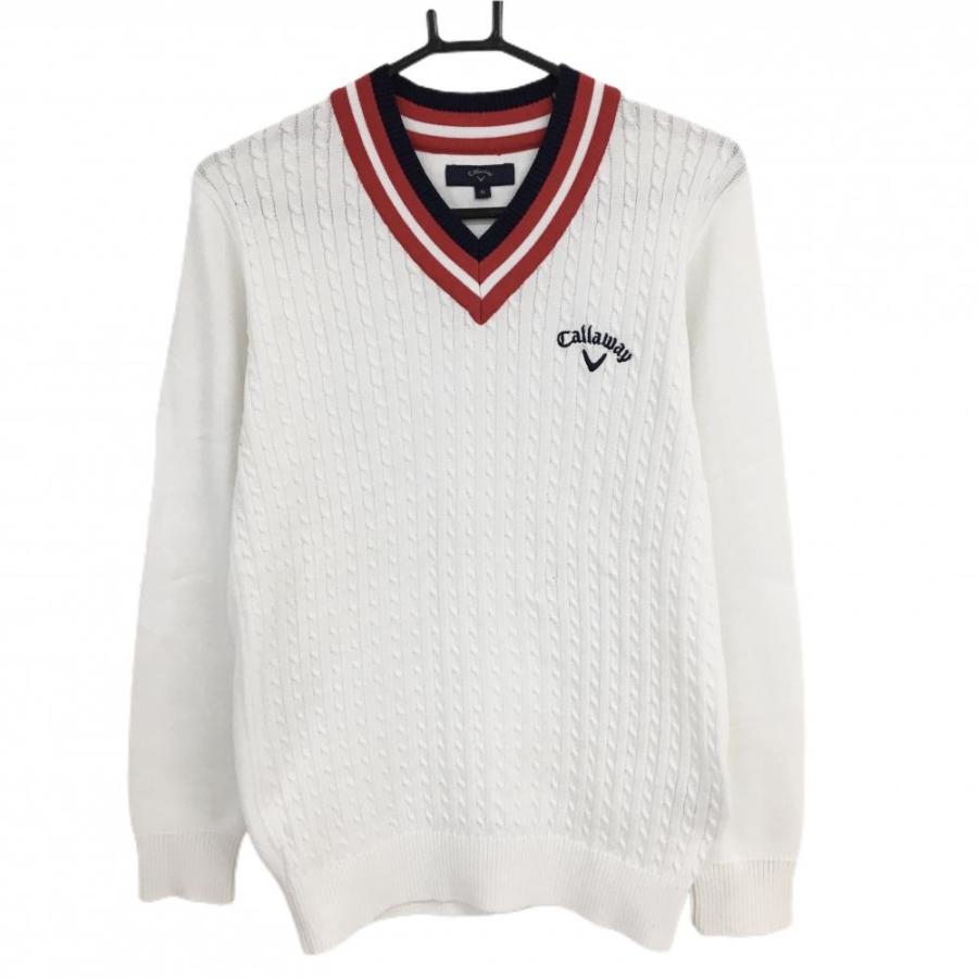 美品】キャロウェイ セーター 白×レッド ケーブル編み Vネック