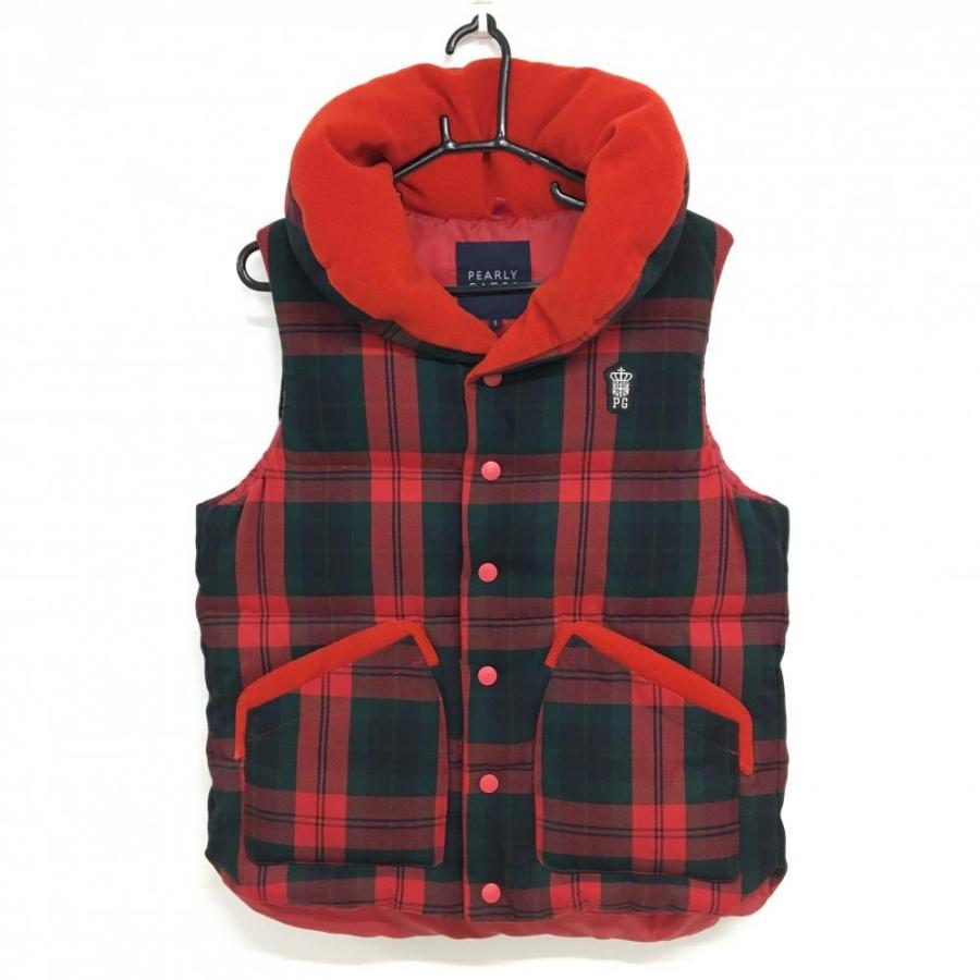 美品】パーリーゲイツ ダウンベスト レッド×グリーン チェック