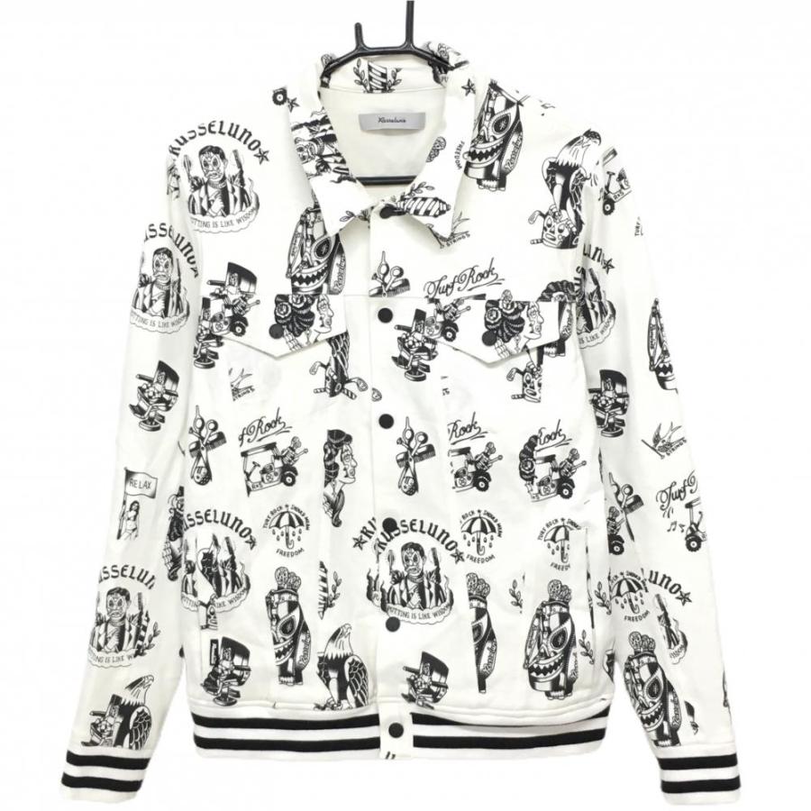 ラッセルノ　ゴルフジャケット ラッセルノ 襟付ジャケット 白×黒 総柄 ルチャマスク 裏微起毛