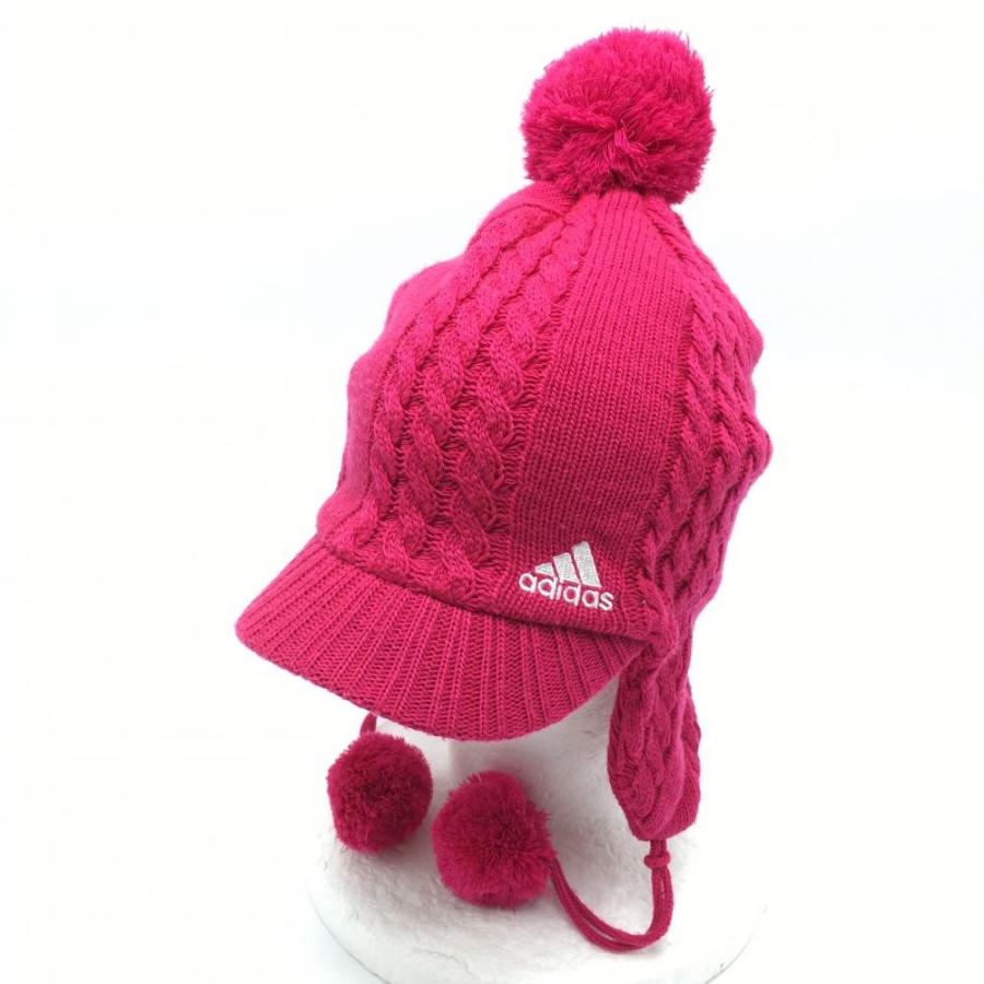 アディダス つば付きニット帽 レッドピンク ボンボン・耳当て付き