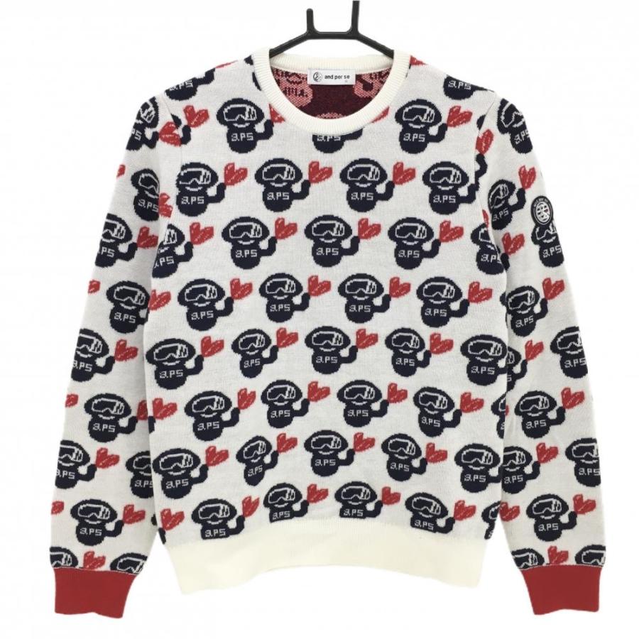 and per se セーター M 赤/白/紺 超美品】アンパスィ セーター 白×ネイビー×レッド 総柄 ハート