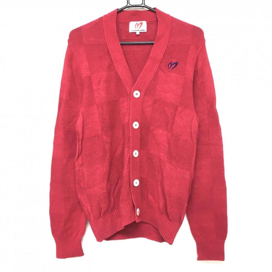 マスターバニー ニットカーディガン レッド ブロックチェック編み 麻混