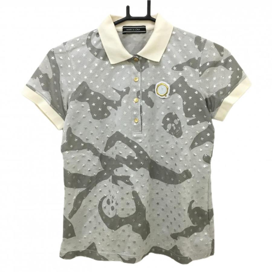 MARK&LONA レディース ポロシャツ 星柄 マークアンドロナ 半袖ポロシャツ グレー×ダークネイビー 星柄