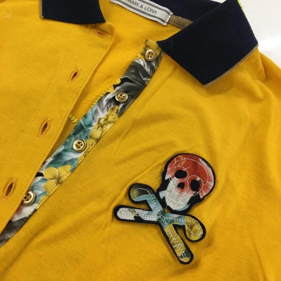 【超美品】マークアンドロナ×Disney 半袖ポロシャツ イエローオレンジ×ネイビー 背面花柄ミッキー レディース M ゴルフウェア MARK＆LONA／SALE価格の画像