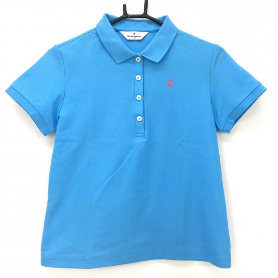 超美品】マンシングウェア 半袖ポロシャツ ブルー×白 英字総柄 袖ロゴ