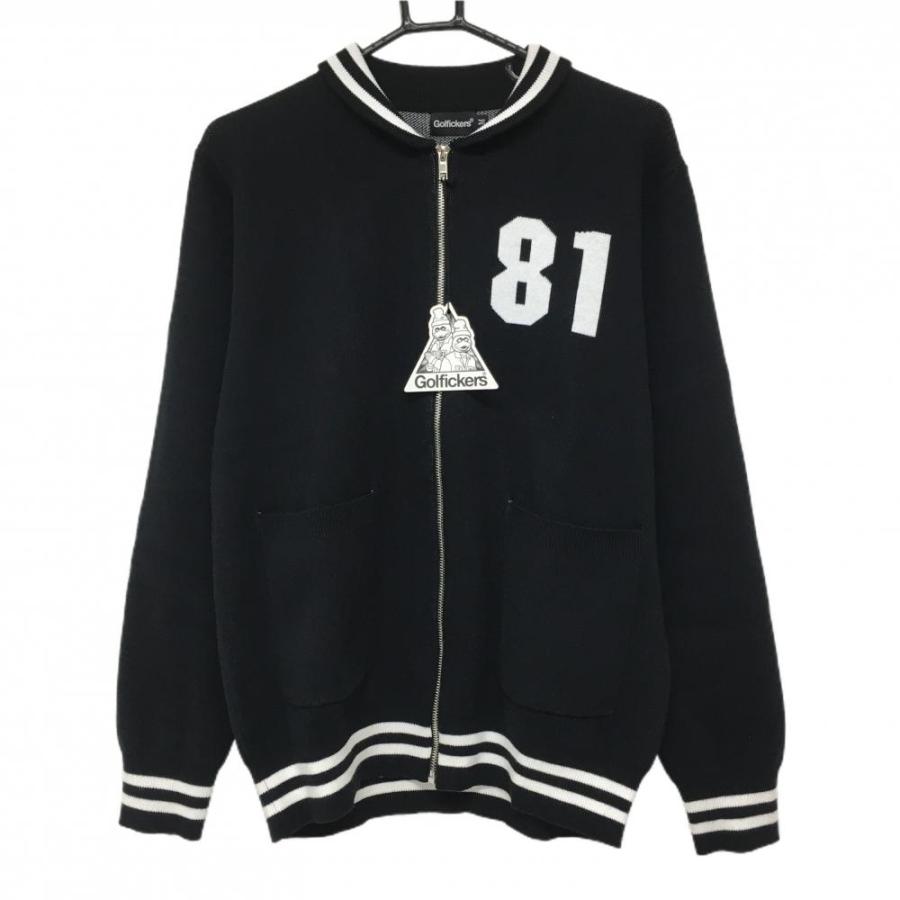 Golfickers ゴルフィッカーズ ニットジャケット ゴルフウェア XL 新品】ゴルフィッカーズ 襟付ニットジャケット 黒×白 コットン100