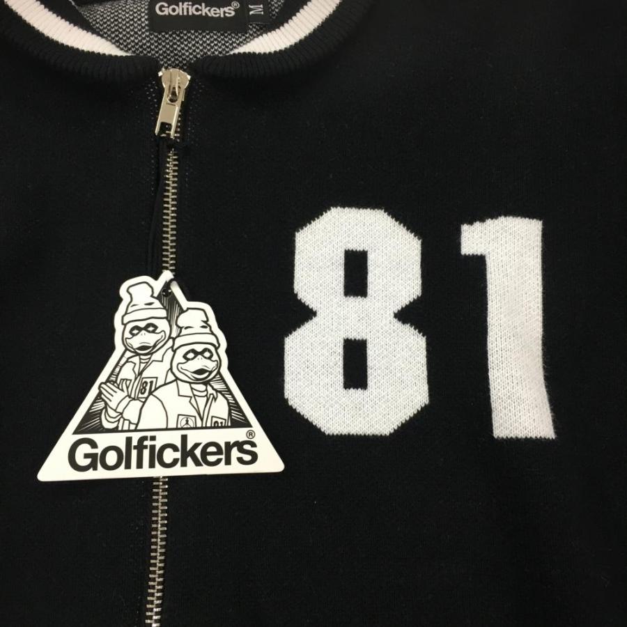 新品】ゴルフィッカーズ 襟付ニットジャケット 黒×白 コットン100