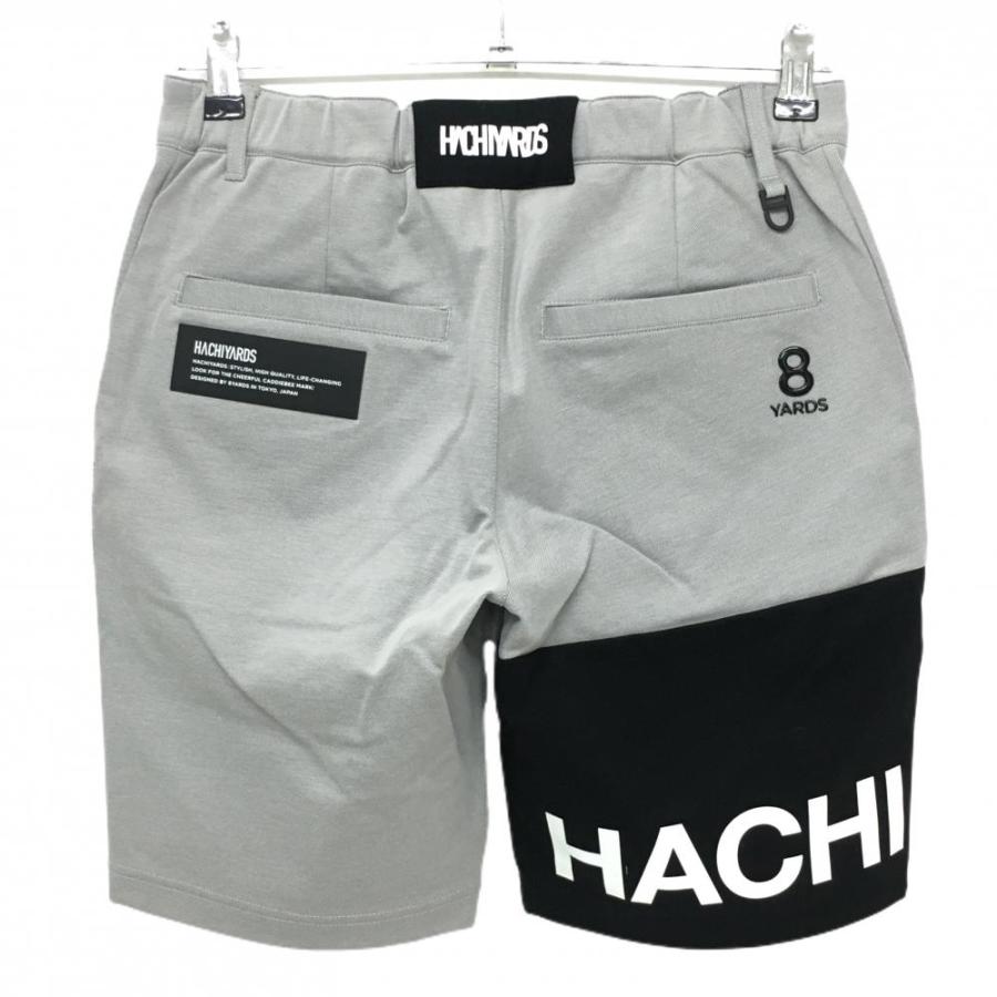超美品】ハチヤーズ ハーフパンツ グレー×黒 裾ロゴプリント 超美品】ハチヤーズ ハーフパンツ グレー×黒 裾ロゴプリント