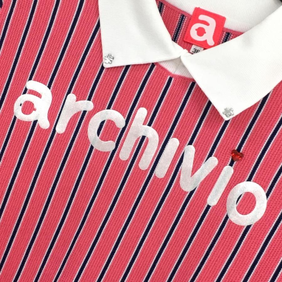 【超美品】アルチビオ 襟付セーター ピンク×ネイビー ストライプ ウール混 ニット レディース 36(S) ゴルフウェア archivioの画像
