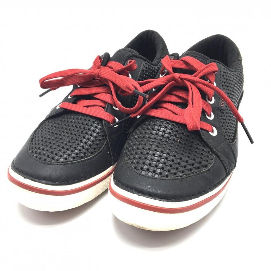 美品】クロックス ゴルフシューズ 黒×レッド スパイクレス メッシュ調