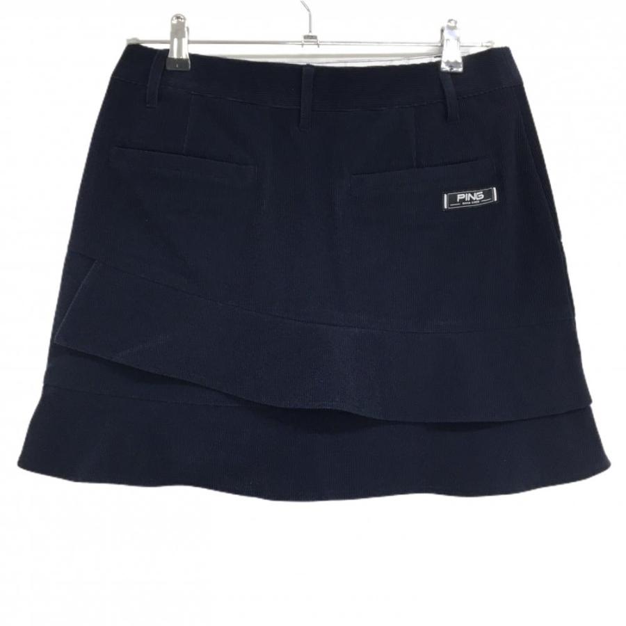 美品】ピン スカート ネイビー ロゴ白 織生地 フリル調 レディース L