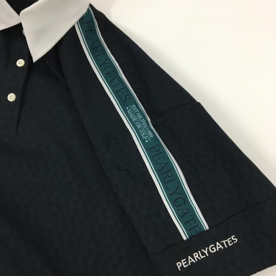【超美品】パーリーゲイツ 半袖ポロシャツ 黒 総柄地模様 襟白 ロゴライン レディース 1(M) ゴルフウェア 2024年モデル PEARLY GATESの画像